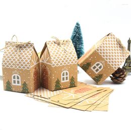 Gift Wrap 5PCS Brown Kraft Paper Boxes Christmas House Shape Candy Bags Kids DIY Craft Cookie Packaging Xmas Tree Pendants