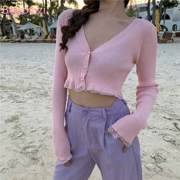 Womens Sweaters Pink Black Green Black Women Cardigans Fashion Slim Ladies Knitted Sweater Crop Top Long Sleeve Buttons Sweater 231013