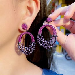 Gorgeous Lady Round Crystal Diamond Designer Earring for Woman Party Purple AAA Cubic Zirconia Copper Luxury Bridal Wedding Earrings Jewelry Female Accessories