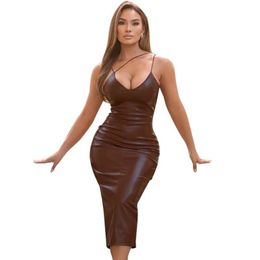 Latex Dress Women PVC Suspenders Halter Tight And Calf Belly Patent Leather Fashion Back Split Sexy Dresses Prom Party Wear271k