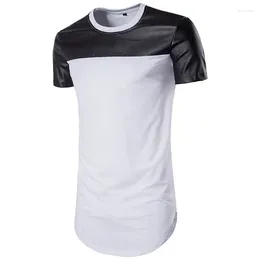 Men's T Shirts White Pu Leather Patchwork Extra Long Shirt Men 2023 Brand Slim Fit Short Sleeve T-shirt Hip Hop Streetwear Tops Tees XXL