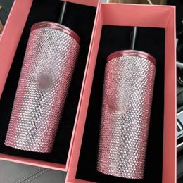 Tumblers 2023 Straw Water Bottle Luxury Black Pink Coffee Mug Stainless Steel Tumbler with Lid Diamond Thermos Cup Drinkware 231013