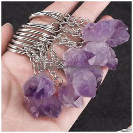 Key Rings Natural Stone Amethyst Keychain Rough Mineral Specimen Single Crystal Irregar Key Ring Bag Hanging Jewellery Pendant Will And Dhpce