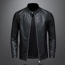 Men's Leather Faux Leather Spring Autumn Leather Jacket Men Stand Collar Slim Pu Leather Jacket Fashion Motorcycle Causal Coat Mens Moto Biker Leather Coat 231013