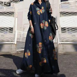 Casual Dresses Spring Button-up Lapel Women Maxi Dress Vintage Floral Print Pockets Boho Long Autumn Sleeve Loose Lady Party