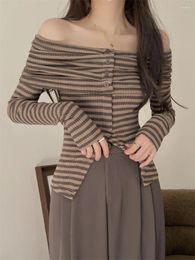 Women's Sweaters PLAMTEE Korea Knitted Tees Women Split Autumn Stripes Full Sleeve Slash Neck Sexy Daily Office Wear Pullovers Gentle