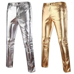 Men's Pants Black Casual Trouser Men Trousers Mens Skinny Shiny Gold Silver PU Leather Motorcycle Nightclub Stage For Singers299P