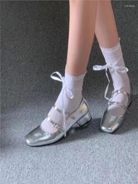 Dress Shoes 2023 Elegant Silver Ballet Lady Sweet Mary Jane Thick High-heeled Heels Retro Footwear Lolita