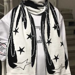 Scarves Fashion creative star Y2K striped knitted women's scarf men's winter scarf apron black tassel luminous Y2K KpopL231013