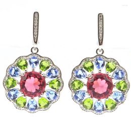 Dangle Earrings 40x28mm Multi Colour Stunning Smoky Topaz Green Peridot Violet Tanzanite Pink Tourmaline White CZ Ladies Party Silver