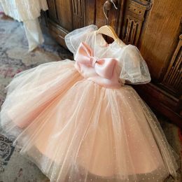 Cute Pink Short Sleeve O-Neck Sequins With Bow Flower Girl Dress Princess Skirt For Wedding Brithday Party Custom Size