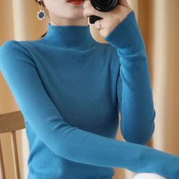 Womens Sweaters Autumn Winter Women Pullovers Half High Collar Casual Slim Fit Thin Bottoming Shirt Sweaters Grey Black Blue Jumper Knitwear 231013