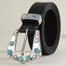 Belts Vintage Inlaid Gemstone Belt Women Classic Trendy Cool Ins Style Versatile Jeans Accessories Luxury Blue Rhinestone Gothic