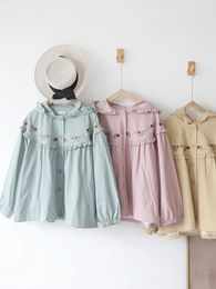 Women's Trench Coats 146cm Bust / Spring Autumn Women Sweet Mori Kei Girls Loose Floral Embroidered Comfortable Cotton Hooded