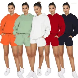 Women's Tracksuits Women Short Sets Hooded Long Sleeve Solid Colour Elastic Waist Pencil Pants Pullover Loose Fit Casual Pockets Autumn 2023