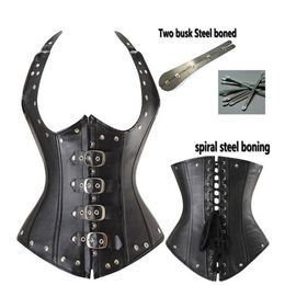 Women's Club Steampunk Shapers BIG PLUS SIZE Sexy Underbust Gothic Buckles Steel Boned PU Leather Look Halterneck Bustier Cor224d