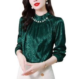 Green Satin Blouses for Designer Woman Stand Collar Jacquard Blouse Office Ladies Formal Runway Silk Tops 2023 Autumn Winter Pearl Ruched Solid Casual Versatile Top