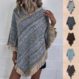 Shawls Women Knit Cape Shawl Slim Fit Horizontal Stripe Basic Elegant Solid Colour Crochet V Neck Long Sleeve Coat Daily Outfit 231013