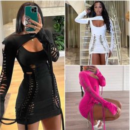 Women 2023 Designer Dresses New Fashion Sexy Open Back Hollow Out Dress Long Sleeve Cape Set307x