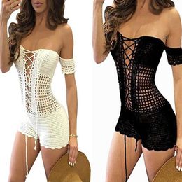 Women Sexy Crochet Beach Fishnet Sarong Handmade Bodycon Knitting Jumpsuit White Fashion Clothes291s