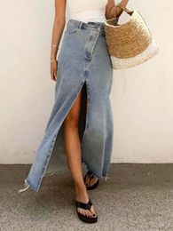 Skirts Irregular Slit Denim Skirt Women Summer 2023 Pocket Tassel High Waist Simple Blue Faldas Bottom Vintage Elegant Maxi