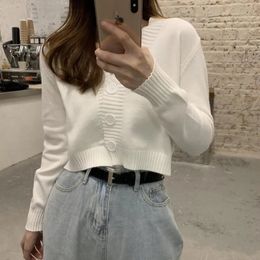 Womens Sweaters Autumn Button VNeck Crop Cardigan Sweater Women Winter Korean Solid LongSleeved Short Knitted Tops White Black Green Blue 231013