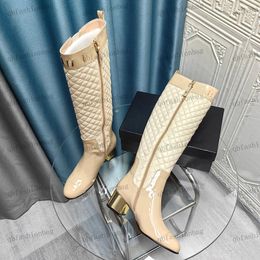 Womens Over-The-Knee Boots Boots Round Head Patent Leather Down Cloth Diamond Cheque Gold Hardware Buckle Gold Chunky Heel Zipper Casual Naked Boots Walking Shoes 35-41