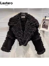 Women's Fur Faux Lautaro Autumn Winter Short Hairy Thick Warm Black Sheepskin Coat Women with Long Sleeve Luxury Designer Fluffy Jacket 2023 231013