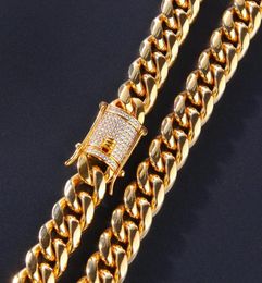 18k Gold Plated Tone Stainless Steel Mens Necklace Chains Curb Cuban Link Chain with Diamond Iced Out Keylock Buckle Hip Hop Fashi5550292