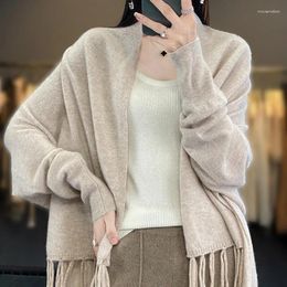 Scarves All Seasons 2023 Bat Sleeve Merino Wool Shawl Women's Loose Warm Knit Solid Multi-functional Tassel Cardigan
