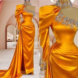 Attarctive Mermaid Prom Dresses High-neck One Sleeve Satin Beads Pearls Side Split Backless Court Gown Plus Size Custom Made Party Dress Vestido De Noite