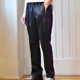 Men's Pants NEEDLES Arrival Black Cotton Trousers Butterfly Embroidery Purple Webbing Track Stripe Oversize Men Women Sweatpants