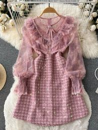 Basic Casual Dresses Runway Embroidery Sequins Tweed Dress Women's Ruffled Beaded Lantern Sleeve Pink Lace Patchwork Slim Vintage Dress Vestidos 2024