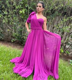 Elegant Long One Shoulder Chiffon Brazilian Evening Dresses with Bow A Line Pleated Sweep Train Party Gowns for Women