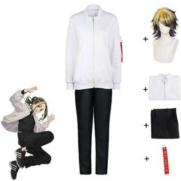 Cosplay Hanemiya Kazutora Cosplay Costume Wig Anime Tokyo Revengers Adult Child White Baseball Uniform Halloween Zipper Suit