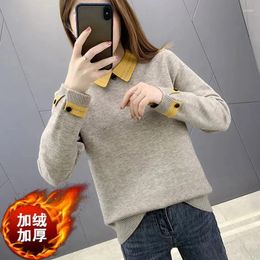 Women's Sweaters Fall Winter Thicken Velvet Warm Pullover Sweater England Style Casual Lapel Patchwork Bottoming Knitted Shirt Fashion