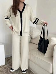 Women's Two Piece Pants Korean Fashion Casual Knitted Set Women V-neck Long Sleeve Loose Cardigan Sweater Wide Leg Sets Tracksuit