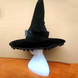 Wide Brim Hats Bucket Hats Halloween Witch Black Wizard Hat Ornament Lace Trim Party Hat Adult Cosplay Masquerade Mystical Sorcerer Costume Prop Accessory 231013