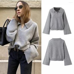 Women's Sweaters Women Loose Grey Turn-Down Collar Pullover Autumn Winter Thick Warm Knitted Long Sleeve Sweater Casual Streetwear Top