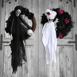 1pc Halloween Wreaths For Front Door, Outside Decorations White Witch Black Skull Ghost Hanging Horror Halloween Garland, Gothic Skeleton For Scary Party Decor