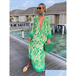 Basic & Casual Dresses Women Vintage Maxi Dresses Summer Y Deep V-Neck Long Sleeve Boho Print Female Beach Er Up Elegant Robe Apparel Dhn1S