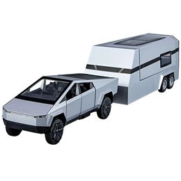 1/32 Tesla Pickup Trailer RV Alloy Diecast Cars Model Vehicle Echo Audible Light Door Openable Toy Gift Decoration