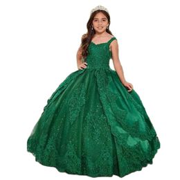Retro Green Ball Gown Flower Girls Dresses Spaghetti Strap Sequin Kid Birthday Party Dress Floral Lace Applicques Layered Child Formal Wear 326 326