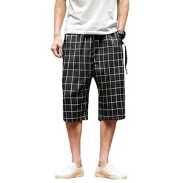 Plaid Vintage Linen Shorts Men Plus Size Long Street Mens Fashion Shorts Chequered Casual Bermuda Masculina Hip Hop Short Man238s