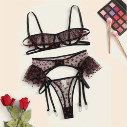 Aduloty Woman sexy pajamas Heart Print Garter Sheer Lingerie Set Mesh Cupless Underwire Thong cute lace Bra Set Y200708312p