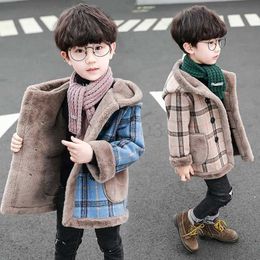 Down Coat Children's Woollen Coats For Boys Autumn Winter Boy Warm Plaid Jackets Long Hooded Coats Fleece Thick Outerwear Kids Boy Overcoat J231013