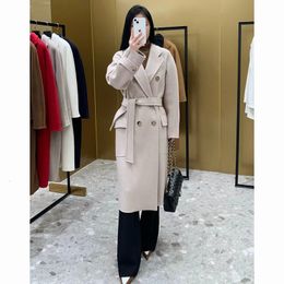 Women's Wool Blend's Cashmere Max Coat SlimFit Woollen Jacket With Reversible Water Moire Double Row Horn Buckle 231013