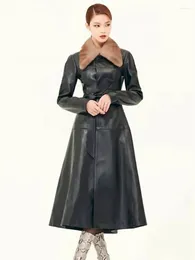 Women's Leather Jacket 2023 Elegant Women Long Trench Coat Luxury Collar Genuine Real Sheepskin Belted