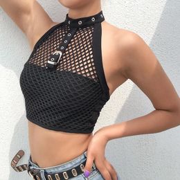 Women's Tanks Clinkly Black Mesh Grid Women Halter Crop Tank Top O-Neck Bustier Backless Streetwear Off Shoulder Sexy Hollow Ladies Tops