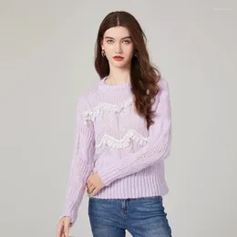 Women's Sweaters Sweet Style Fashion Women Beading Ruffles Soft Mohair Sweater Luxury Fall Winter Purple Knitting Hollow Out O Neck